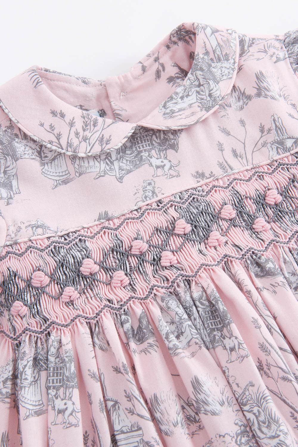 Aurora | Pink & Grey Toile De Jouy Hand Smocked Girls Dress - Annafie